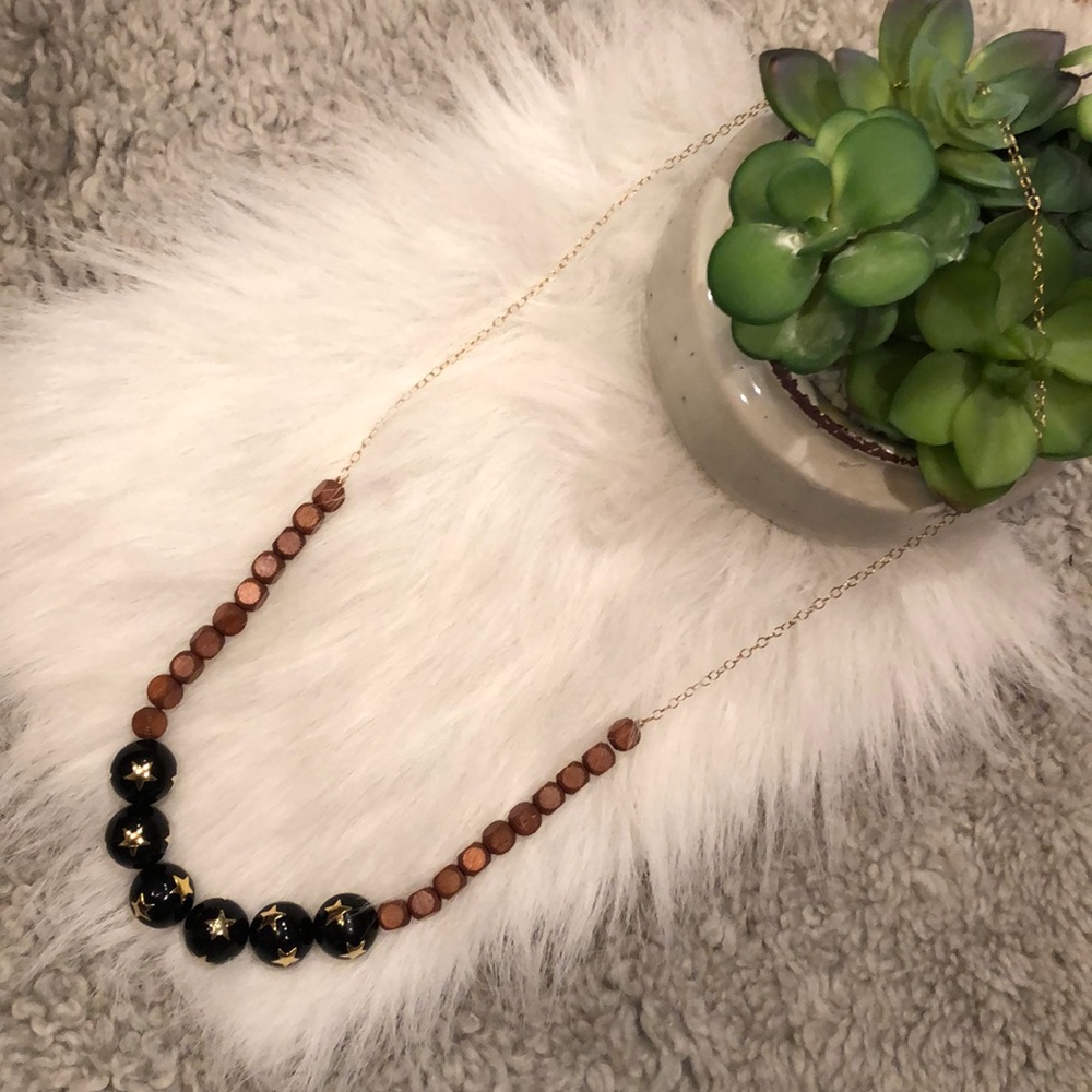 Boho Mixed Wood, Gold, Blue Star Beaded Necklace